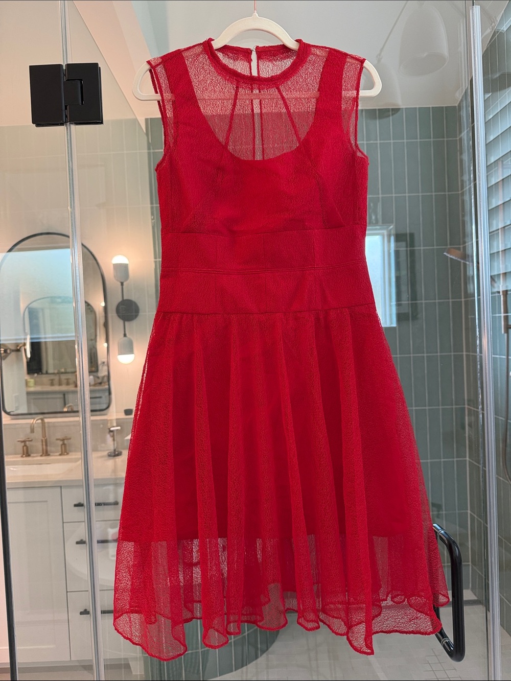 Carven Red Sleeveless Lace Midi Dress